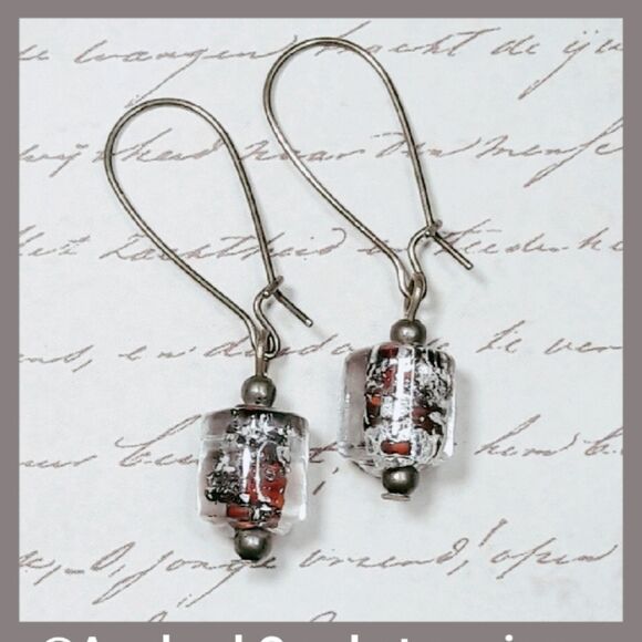 artisan earrings 453#mfs NEW boho Bohemian foil umber center glass barrel drop e - Picture 1 of 5